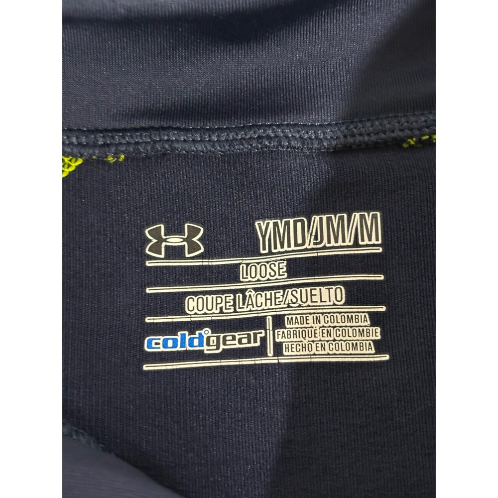 Under Armour Boys ColdGear 1/4 Zip Pullover Navy Blue Neon Green Youth Medium - Picture 3 of 4